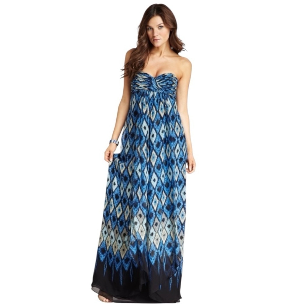 LAUNDRY by Shelli Segal Print Maxi Dress 100% Silk Blue Strapless With Straps 8